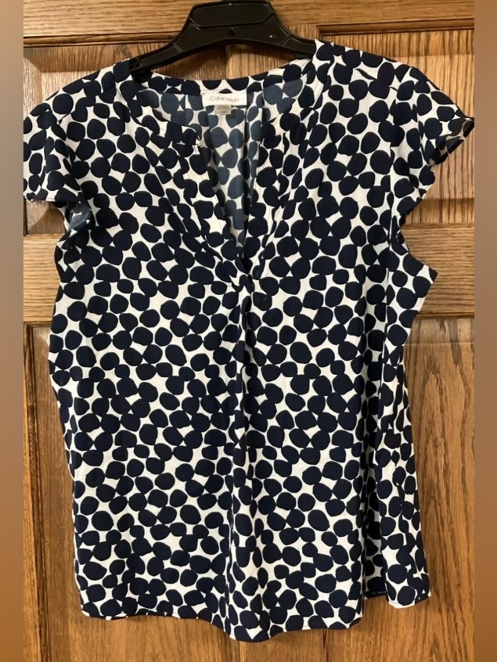 Calvin Klein Navy Dot Cap-Sleeve V-Neck Top